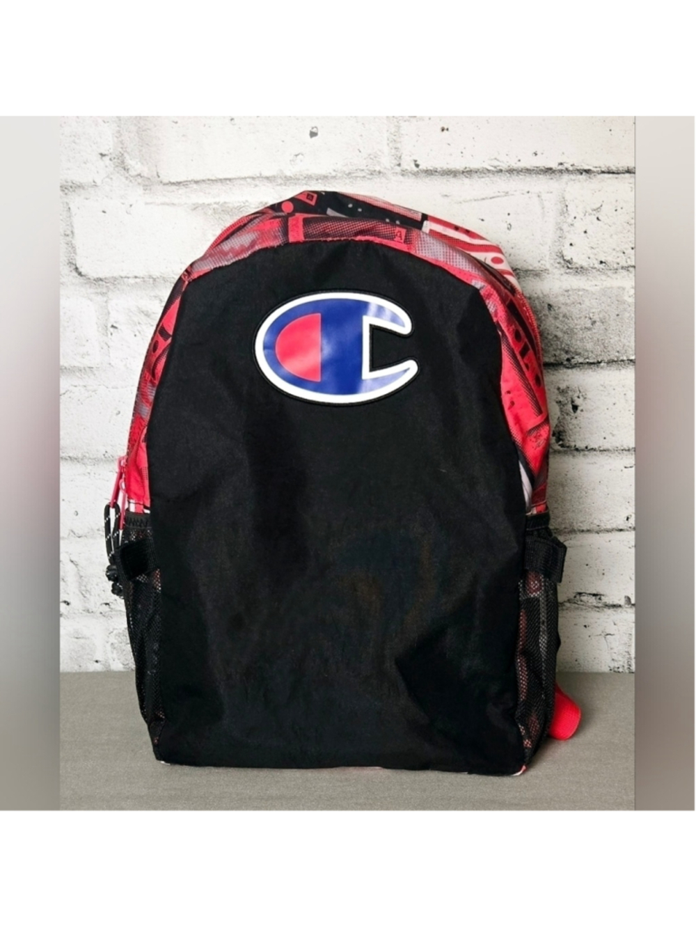 Champion Black Red Logo Backpack Retro Print School Bag with Side Pockets